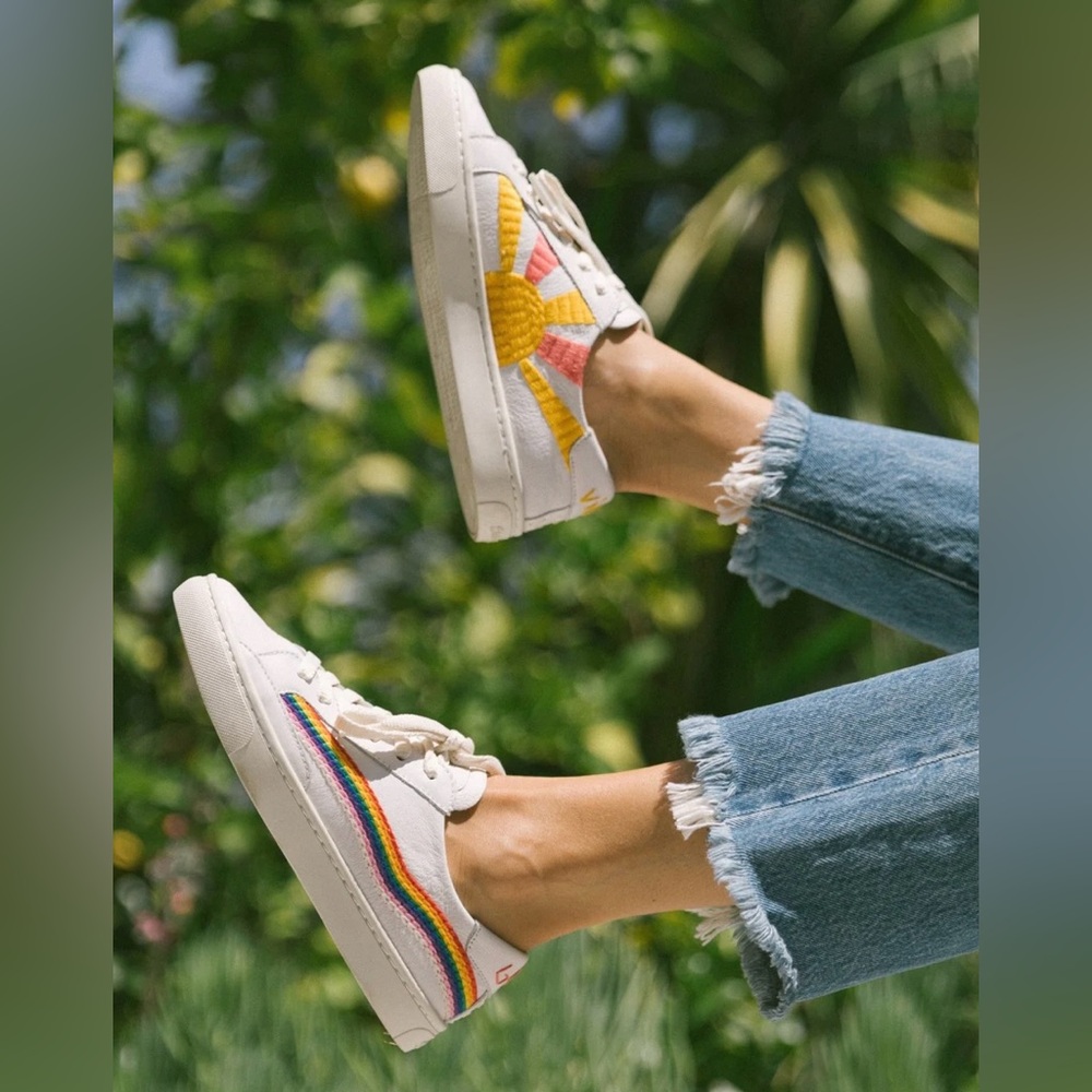 Soludos The Ibiza Classic Sneaker in Oasis White - Rainbow Wave